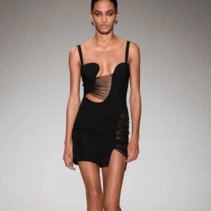 Damen Sexy Ausschnitt Netz Patchwork Mini Kleid Spaghetti Träger Bandage Bodycon Party Clubwear Ärmelloses Schwarzes Kleid