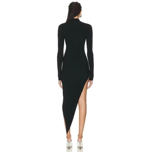 Elegant black long sleeve ribbed knit dress with high neck and asymmetrical slit hem