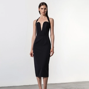 Elegant black halter midi dress with deep V-neckline and slim fit for party evening wear
