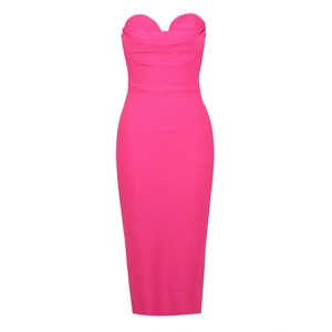 Hot pink strapless sweetheart midi dress with elegant ruched bodice and slim fit design