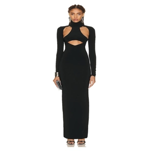 Women Sexy Hollow Out High Neck Long Sleeve Maxi Dress Slim Fit Backless Slit Evening Party Bodycon Clubwear Gown