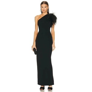Elegant One Shoulder Ostrich Feather Maxi Bodycon Dress Women Sexy High Slit Sleeveless Evening Party Banquet Gown