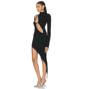 Black hollow out bandage dress with metallic rings and asymmetrical long tail design