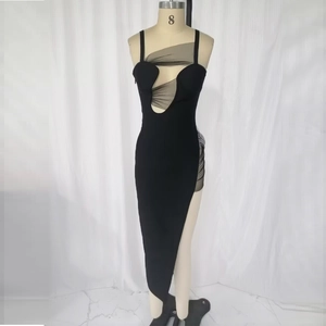 Women Sexy Cutout Mesh Patchwork Camisole Dress Nightclub Party Asymmetrical High Slit Bodycon Maxi Dress Black Evening Gown