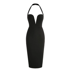 Elegant black halter neck dress with deep V-neck and bodycon fit for formal parties