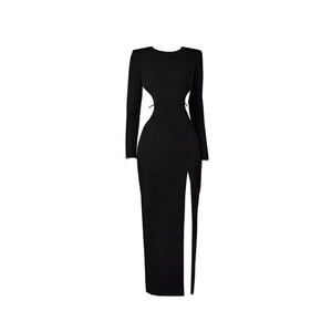 Elegant black long sleeve cut-out dress with high side slit for evening parties