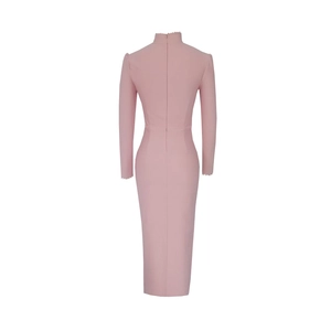 Pink slim fit evening dress with high collar, lace trim and back zipper detail