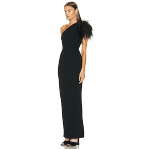 Elegant black one-shoulder maxi dress with ostrich feathers and slim fit silhouette