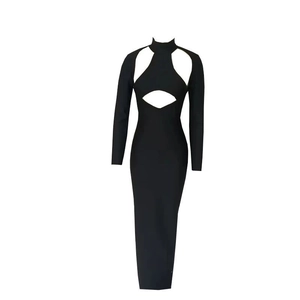Elegant black long-sleeved cutout dress with high collar and sleek slim fit design
