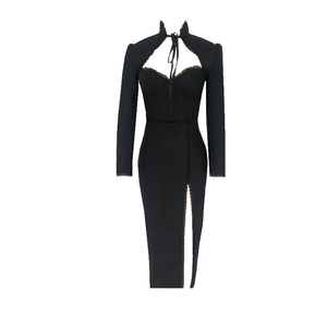 Elegant black long sleeve slim dress with lace collar, hollow out front and high side slit