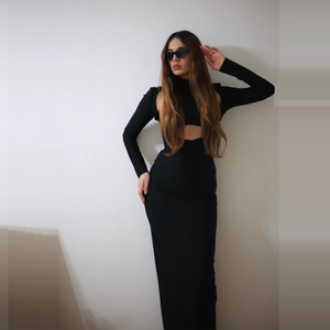 Elegant black long sleeve cutout turtleneck maxi dress in high-stretch slim fit style