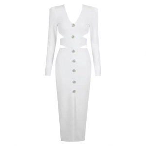 Elegant white V-neck long sleeve maxi dress with diamond buttons and waist cut-outs