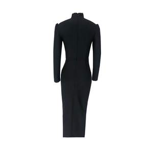 Elegant black slim-fit evening maxi dress with lace stand collar and long sleeves
