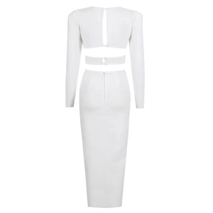 Detailed view of white V-neck dress featuring backless cutout and elegant lantern sleeves