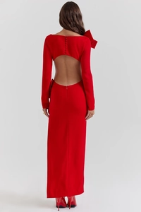 Detailed back view of red backless long sleeve bandage dress with oversized bow