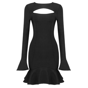 Black long sleeve cutout knit mini dress with bell sleeves and ruffled hem silhouette