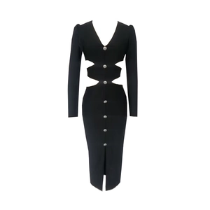 Women's black V-neck long sleeve dress with waist cut-outs and decorative buttons