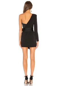 Detail of black one-shoulder bandage mini dress with long sleeve and satin waist belt