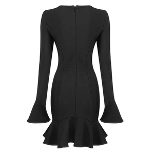 Elegant black long sleeve bodycon mini dress with bell sleeves and ruffled hem back view