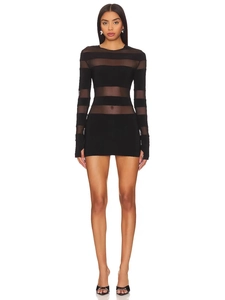 Women Sexy Long Sleeve Bodycon Mini Dress Sheer Mesh Patchwork Striped Thumb Hole Club Party Dress For Ladies