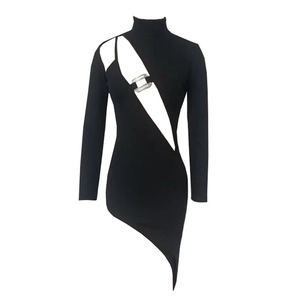 Elegant black long sleeve bandage dress with cutout shoulder and asymmetrical hemline