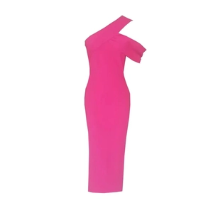Detail of fuchsia one-shoulder midi dress with ruffled sleeve and bodycon fit