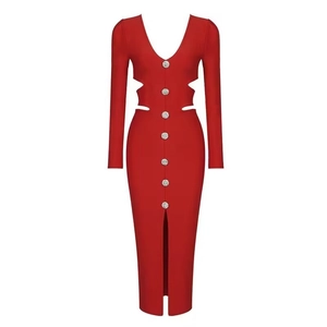 Elegant red long sleeve maxi dress with V-neckline, waist cutouts and rhinestone buttons