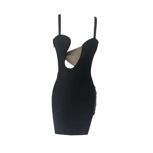 Schwarzes Mini-Bodycon-Kleid für Damen mit transparentem Netz und Ausschnitt-Design