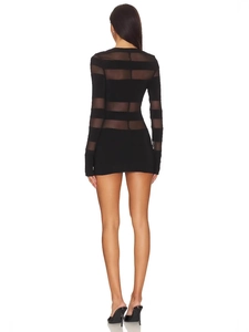 Women's sexy black sheer mesh striped long sleeve mini dress with a tight fit