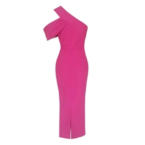 Hot pink one-shoulder midi dress featuring a slim fit silhouette and back slit detail