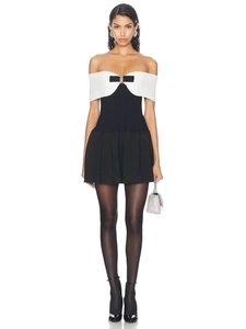 Robe Mini Élégante Femme Bloc de Couleur Épaules Dénudées Noir Blanc Nœud Strass Moulante Été Fête Banquet Robe de Soirée