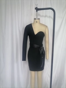 Classic black one-shoulder long sleeve mini bandage dress with elegant waist belt