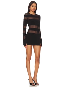 Elegant black mesh patchwork mini dress with sheer stripes and long sleeves for women