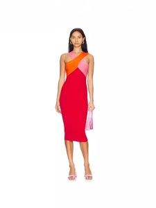 Damen Elegant Color Block Überkreuzt Halter Bodycon Midi Kleid Sommer Ärmellos Party Night Club Wear Patchwork Bandagen Kleid
