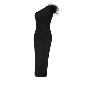 Elegant one-shoulder black bandage dress featuring ostrich feather trim and side slit