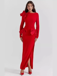 Women Red Long Sleeve Backless Bodycon Dress With Bow Side Hollow Out Split Sexy Party Evening Formal Maxi Dress