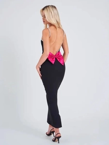 Robe Maxi Sexy Pour Femmes Dos Nu Avec Grand Nœud Magenta Bretelles En Strass Soirée Anniversaire Élégante Robe Longue