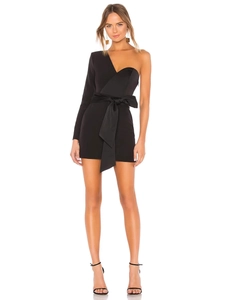 Women Elegant Single Shoulder Long Sleeve Mini Dress Slim Fit Black Bandage Party Dress With Bow Belt Satin Detail