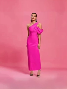 Women Sexy One Shoulder Ruched Bodycon Maxi Dress Elegant Side Slit Sleeveless Nightclub Party Evening Dress Rose Red
