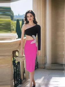 Robe Bandage à Une Épaule Pour Femmes Manches Longues Découpée Applique Fleur 3D Taille Asymétrique Midi Bodycon Soirée