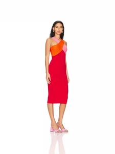 Damen Sommer Midi-Kleid mit Neckholder und Farbbalken-Design in Orange Pink und Rot