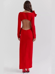 Elegant red backless party maxi dress with large bow accent and slim fit long sleeves