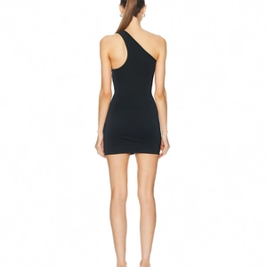 Rear view of sleek black one-shoulder bodycon mini dress with stretchy slim fit fabric