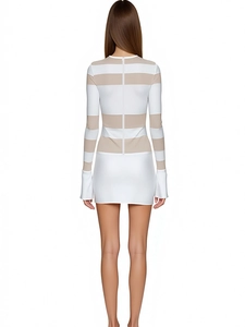 Rear view of sleek striped bodycon dress featuring white and khaki horizontal knit bands