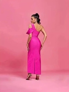 Fuchsia one-shoulder bodycon maxi dress with side slit and elegant ruffle detail