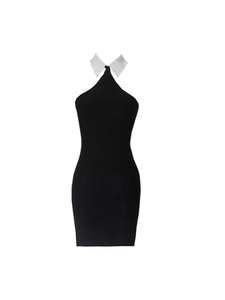 Women's backless halter bandage dress with high-contrast white shirt collar trim