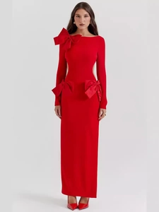 Elegant red long sleeve bandage dress with oversized bows and side waist cutouts