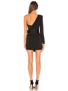 Classic black one-shoulder mini bandage dress with elegant waist belt and long sleeve