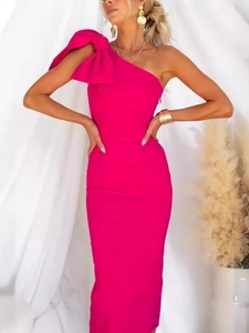 Women Sexy One Shoulder Bow Midi Dress Sleeveless Bodycon Slit Back Elegant Evening Party Dress Rose Red Black Sundress