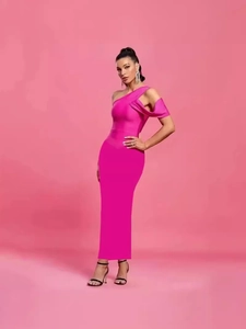 Elegant rose red one-shoulder fitted maxi dress with asymmetric pleated shoulder detail